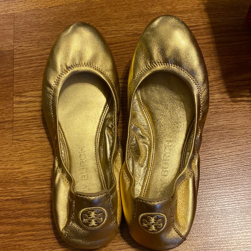 Gold flats shoes, Tory Burch including shoes bag.